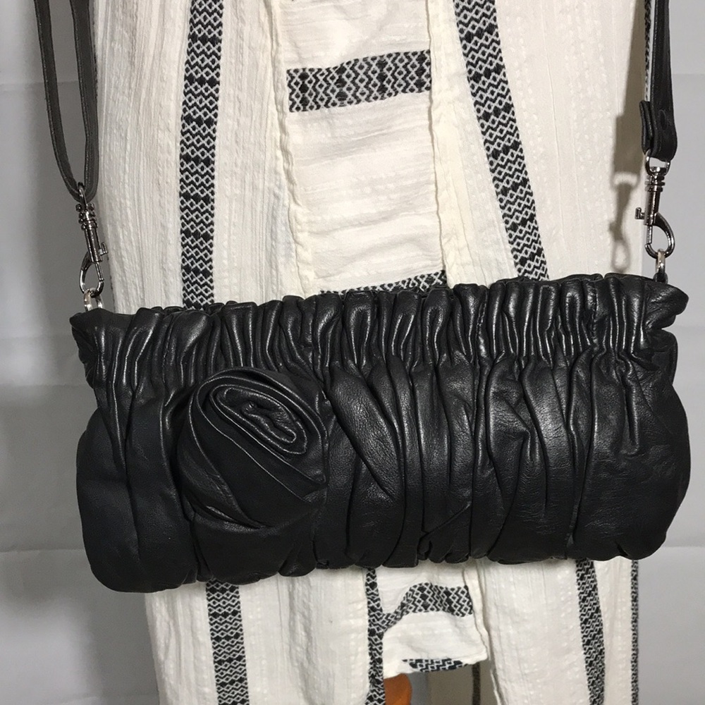 Waterlily Brand Black Leather Ruched Crossbody Clutch Convertible Bag